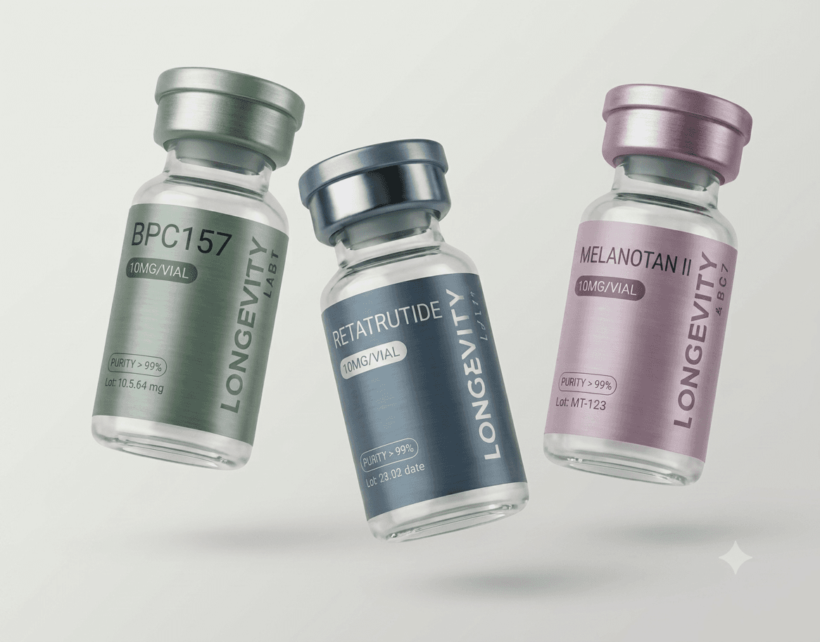 Longevity Labs research vials - BPC-157, Retatrutide, Melanotan II